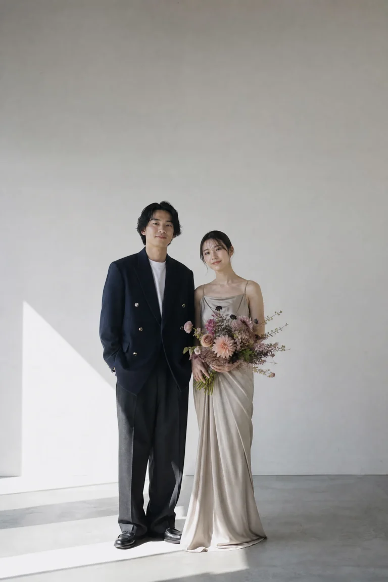 前撮り写真｜スタジオで並んで立つ日本人新郎新婦