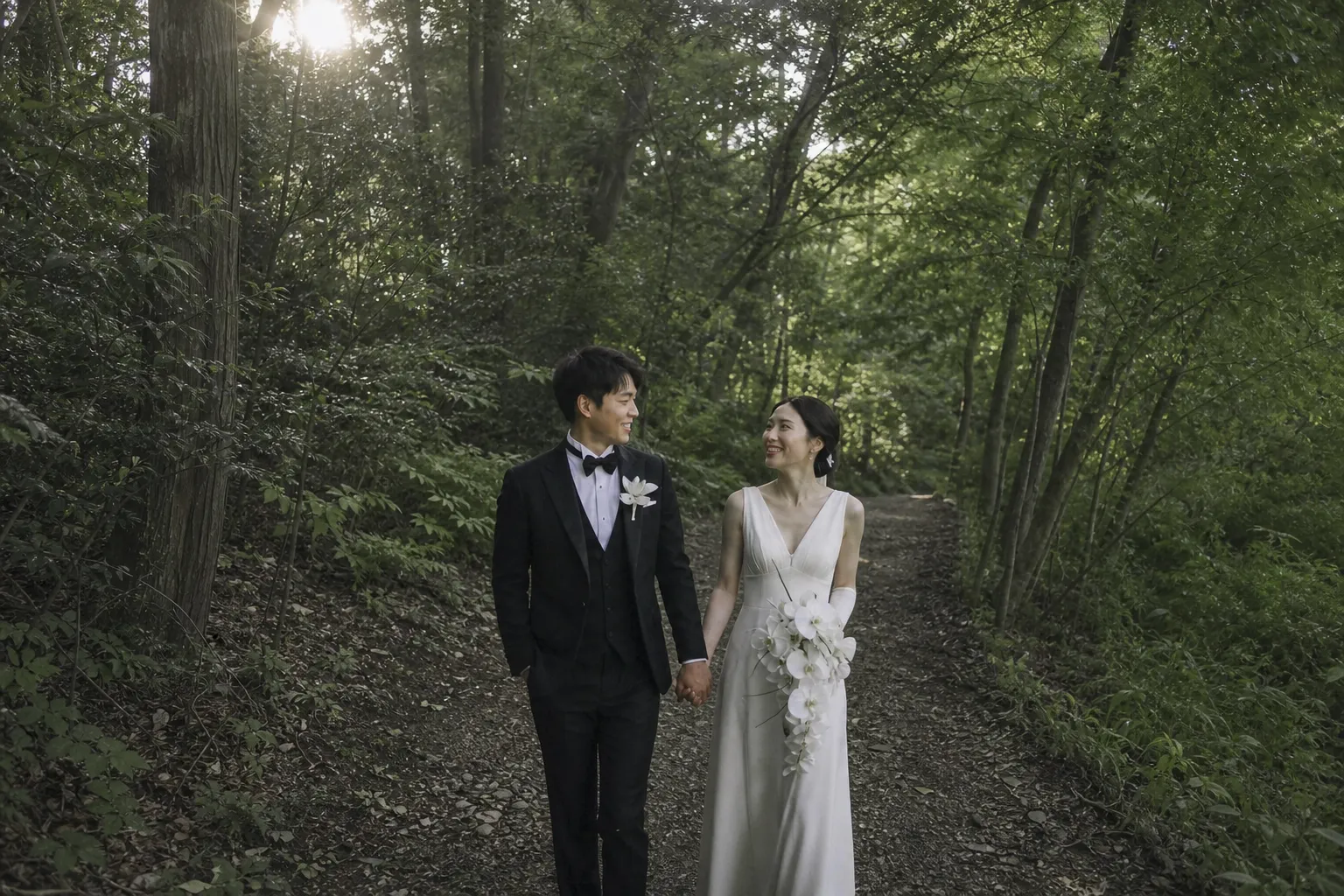 前撮り写真｜森の中で手をつなぐ日本人新郎新婦